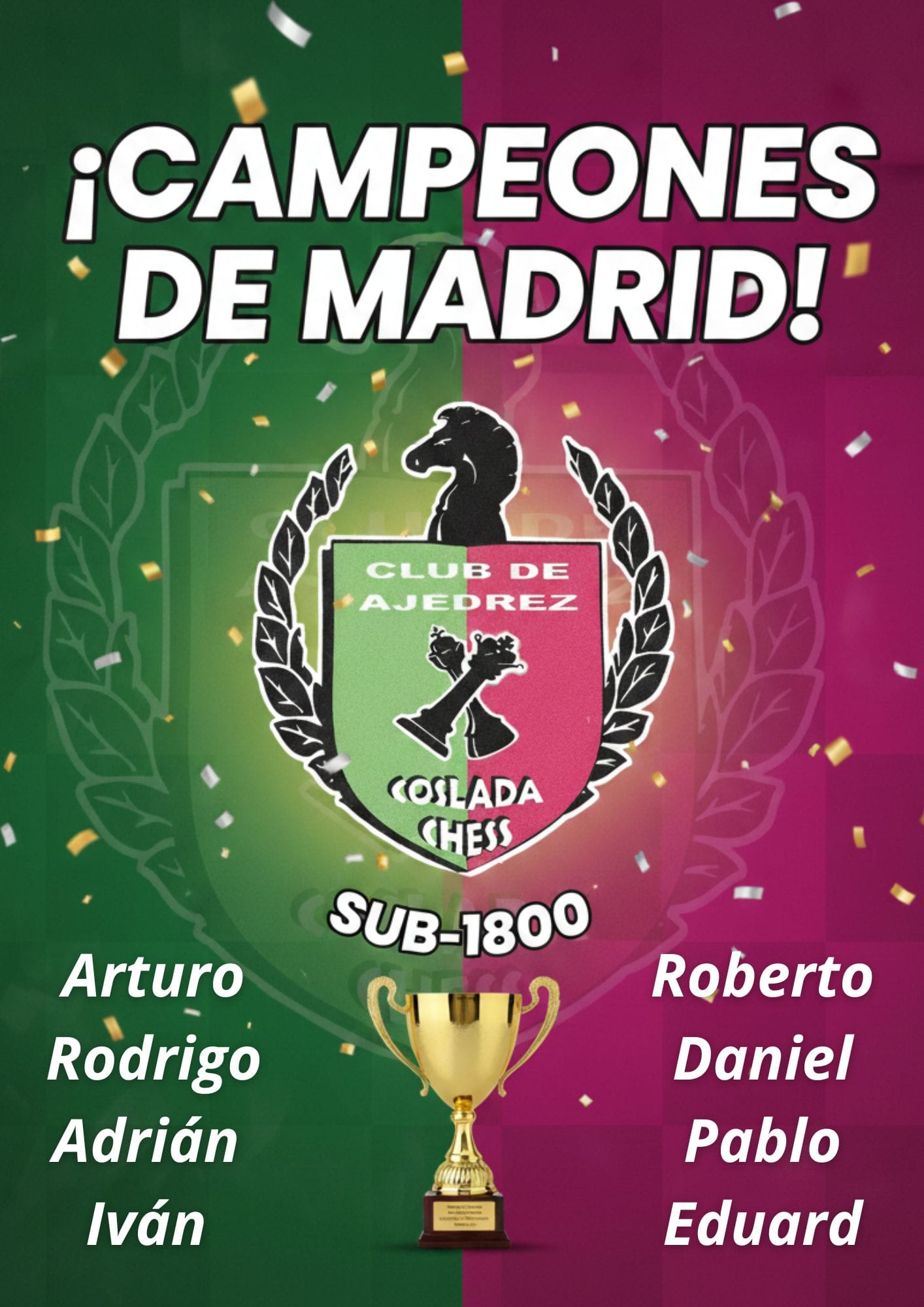 ¡¡CAMPEONES!! Nuestro equipo Coslada Chess B se ha proclamado campeón de Madrid en la categoría sub 1800 del campeonato de liga de rápidas por equipos. ¡Un logro increíble fruto del esfuerzo y la dedicación! Estamos muy orgullosos de nuestros jugadores. ¡Enhorabuena, equipazo! ¡A seguir cosechando éxitos!